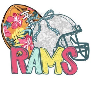 May include: A colorful graphic featuring a football with a floral design, a football helmet, and the word "RAMS" in pink, blue, yellow, and pink. The helmet has a floral pattern and a blue bow.