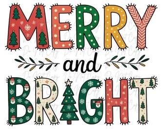Christmas, Merry and Bright DTF Transfer, Iron on, Ready to Press (Christmas, Winter, Tradition)