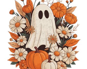 Fall, Halloween, Boho Ghost, Floral DTF Transfer, Iron on, Ready to Press (Fall, Halloween, Spooky, Trick or Treat)