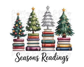Christmas, Christmas Trees on Stacked Books, Season's Readings DTF Transfer, Iron on, Ready to Press (Christmas, Winter, Tradition)