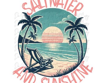 May include: Circular graphic with a beach scene. The image features a beach chair, palm trees, and a sunset over the ocean. The words "Saltwater and Sunshine" are written in a pink, stylized font around the image.