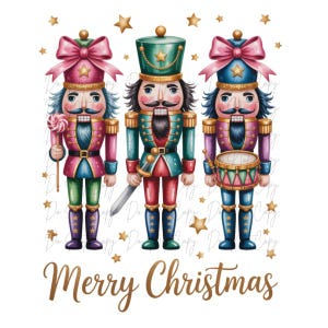 May include: A festive illustration features three colorful nutcrackers with pink, green, and blue uniforms, each with a unique accessory. Gold stars and the words "Merry Christmas" in gold script complete the holiday design.