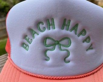 Beach Happy Embroidered Bow Trucker Hat, Girly Foam Hat