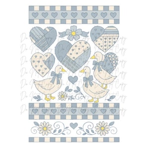 May include: A digital illustration featuring a collection of hearts, ducks, and floral elements in shades of blue, cream, and yellow. The design includes decorative borders with hearts and checkered patterns, creating a whimsical and charming aesthetic.