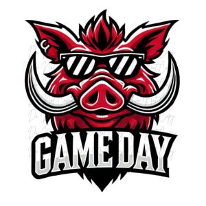 May include: A red and black illustration of a razorback hog wearing sunglasses. The hog has large tusks and the words "GAME DAY" are displayed in a white, bold font below the hog.
