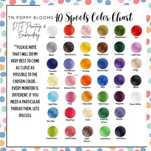 May include: Color chart showing 40 spools of embroidery thread. The chart is labeled "TN Poppy Blooms 40 Spools Color Chart" and "DTF Printing & Embroidery". The chart includes colors such as white, vermillion, flesh pink, brass, moss green, red, silver, dark brown, yellow, clay brown, teal green, light lilac, Prussian blue, cornflower blue, orange, electric blue, purple, beige, cream brown, salmon pink, tangerine, blue, lilac, black, light blue, pink, deep gold, mint green, magenta, snow white, sky blue, deep rose, linen, emerald green, pewter, fresh green, dark fuchsia, light brown, lime green, and dark gray.