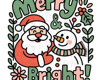 Christmas, Framed Merry & Bright with Santa and a Snowman DTF Transfer, Iron on, Ready to Press (Christmas, Winter, Tradition)