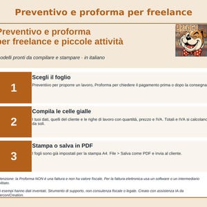 Può includere: Un modello di documento digitale per freelance e piccole attività intitolato Preventivo e proforma per freelance e piccole attività. Include una guida in tre passaggi per compilare moduli, calcolare i totali e salvare in PDF, con un logo di un bulldog.