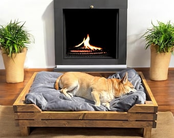 Raised wooden custom dog bed with cushion, cozy rustic pet furniture, modern farmhouse cat bed, couch for pets, gift for pet dog lovers