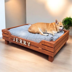 Personalized wooden custom dog bed cushion, cozy rustic pet furniture, modern farmhouse sleeping couch for pets, gift for pet dog lovers