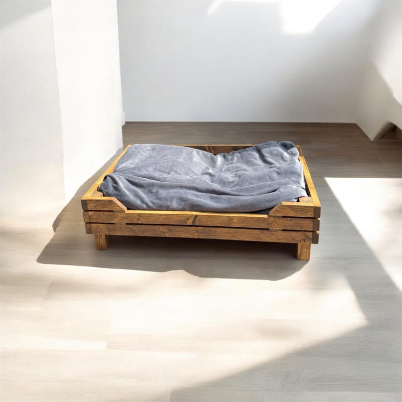 Raised wooden custom dog bed with cushion, cozy rustic pet furniture, modern farmhouse cat bed, couch for pets, gift for pet dog lovers bild 6