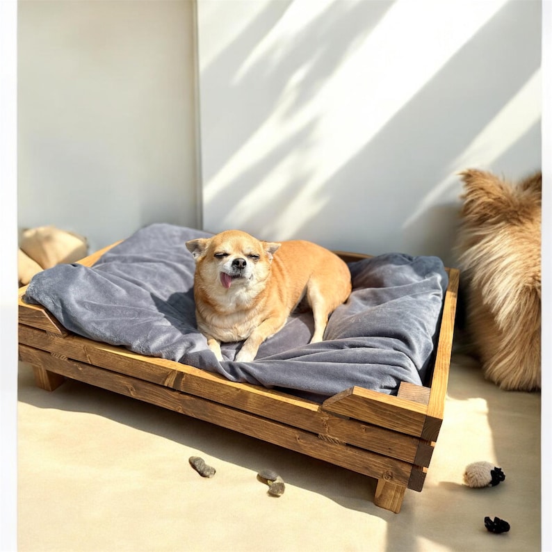 Raised wooden custom dog bed with cushion, cozy rustic pet furniture, modern farmhouse cat bed, couch for pets, gift for pet dog lovers bild 2