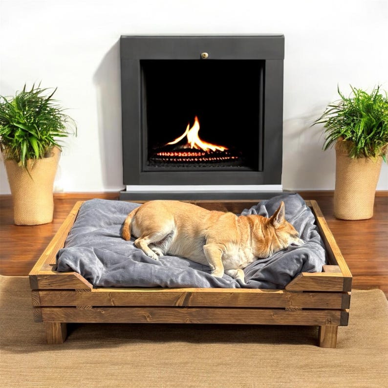 Raised wooden custom dog bed with cushion, cozy rustic pet furniture, modern farmhouse cat bed, couch for pets, gift for pet dog lovers bild 1