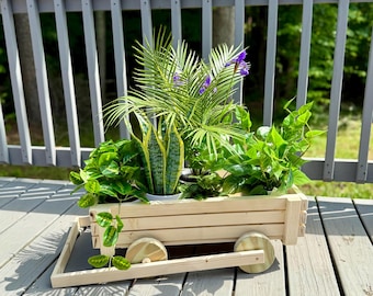 Jardinera rústica de madera con forma de carretilla, decoración de porche de granja, soporte para flores de jardín al aire libre, jardinera de carretilla de interior, regalo para jardinero