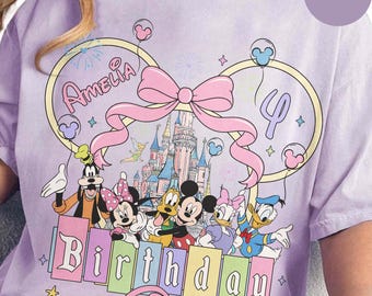 Personalized Name Age Disney Mickey And Friends Coquette Bow Birthday Shirt, Custom Birthday Girl Tee, Disney Castle Toddler Birthday Gift