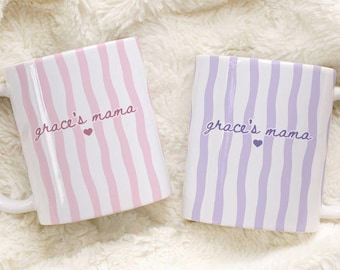 Personalized Name Striped First Mom Coffee Mug, Custom Name Cup Mothers Day Gift, New Mom Grandma Gifts, New Baby Gift for Mom Grandma