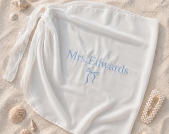Personalized  Embroidered Sarong, Custom Bride Beach Cover Up, Bachelorette Honeymoon Gift, Bride To Be Beach Wrap Skirt, Bridal Swimwear