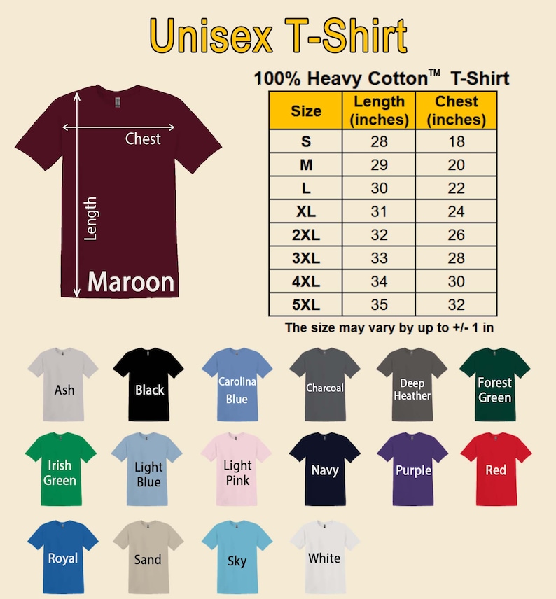 Pu&ograve; includere: T-shirt unisex color amaranto con tabella taglie e opzioni colore. La tabella mostra le misure di petto e lunghezza in cm, da 71 cm di lunghezza per la taglia S a 89 cm per la taglia 5XL. Colori disponibili: Ash, Black, Carolina Blue, ecc.