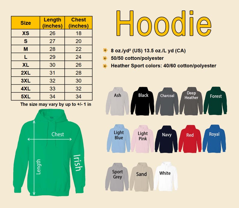 Puede incluir: Sudadera con capucha verde con tabla de tallas y opciones de color. La tabla muestra las medidas de pecho y largo en pulgadas, desde la XS hasta la 5XL. Los colores disponibles son Ash, Black, Charcoal, Deep Heather, Forest, Light Blue, Light Pink, Navy, Red, Royal, Sport Grey, Sand y White.