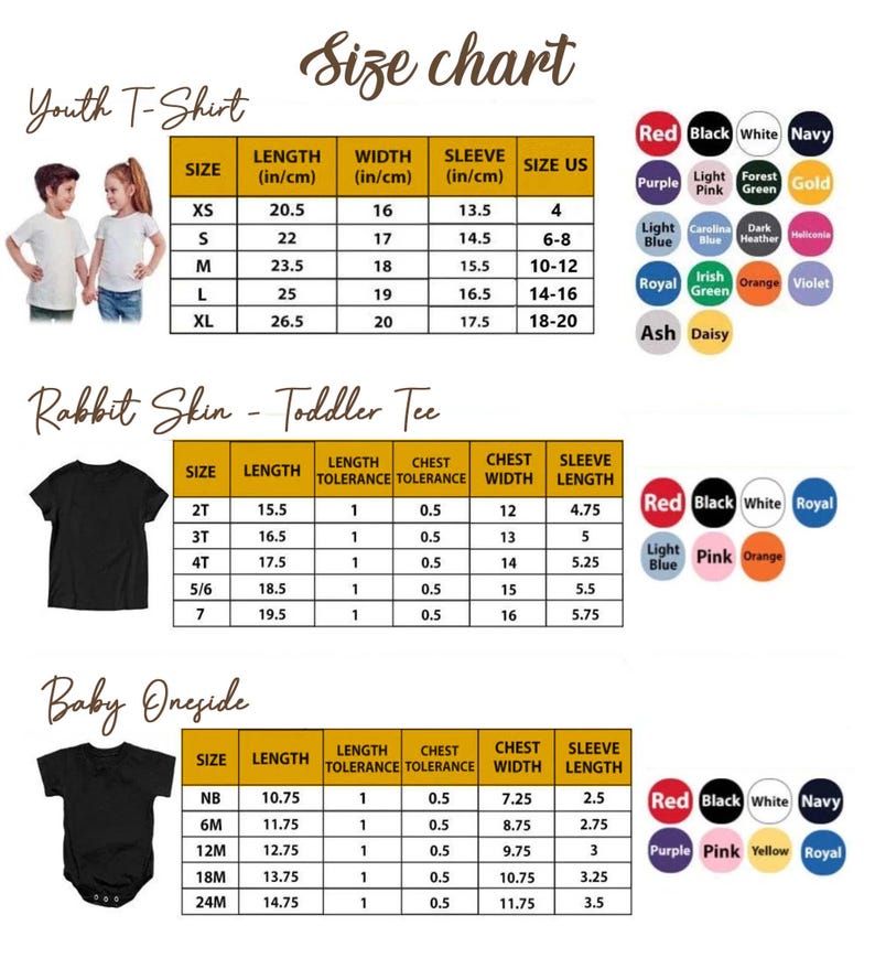 Pu&ograve; includere: Tabella delle taglie per t-shirt da bambino, t-shirt per bambini piccoli e body per neonati. Include misure in centimetri per lunghezza, larghezza e lunghezza manica. Sono incluse anche le palette colori.