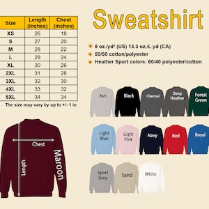 Pu&ograve; includere: Una felpa bordeaux con una guida alle misure del petto e una tabella delle taglie. La tabella elenca le taglie XS a 5XL, con misure di lunghezza da 66 a 86 cm e misure del petto da 46 a 86 cm. L'immagine mostra anche vari colori di felpe.