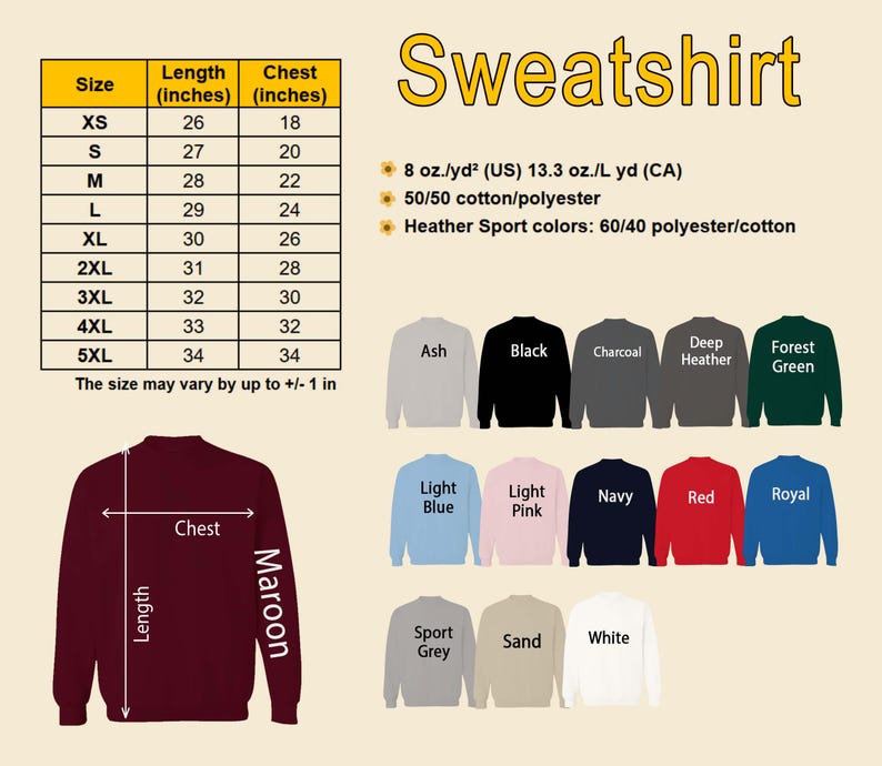 Pu&ograve; includere: Una felpa bordeaux con una guida alle misure del petto e una tabella delle taglie. La tabella elenca le taglie XS a 5XL, con misure di lunghezza da 66 a 86 cm e misure del petto da 46 a 86 cm. L'immagine mostra anche vari colori di felpe.