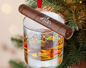 Personalized Whiskey & Cigar Acrylic Ornament, 2d Flat Whiskey Ornament, Cigar Whiskey Glass Lover, Gift For Husband, Christmas Tree Decor
