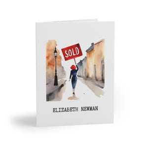 Ensemble de cartes de correspondance pliées personnalisées pour enseigne de vente, fille tenant une enseigne de vente, parfait pour l'immobilier, félicitations, cadeaux élégants