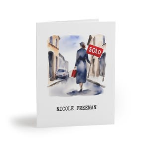 Ensemble de cartes de correspondance pliées personnalisées pour enseigne de vente, fille tenant une enseigne de vente, parfait pour l'immobilier, félicitations, cadeaux élégants