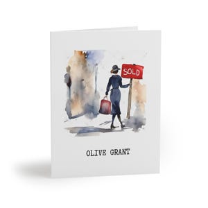 Gepersonaliseerde notitiekaarten set, mode aquarel kunst, meisje bedrijf verkocht bord onroerend goed, gefeliciteerd, stijlvolle cadeaus, vintage flair