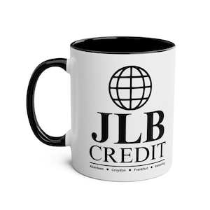 Caneca JLB Credit International - Peep Show, Mark Corrigan, Jeremy Usbourne, caneca de café bicolor, decoração para escritório, casa e cozinha