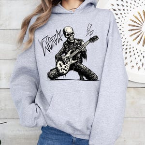 Skull Guitarist Hoodie, Rock Band Hoodie, Skeleton Guitarist Hoodie, Punk Skeleton Guitar Player, Gothic Rock Graphic Hoodie