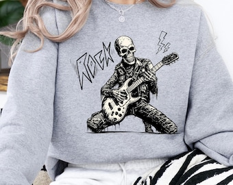 Skull Guitarist Sweatshirt, Gothic Rock Skeleton Graphic