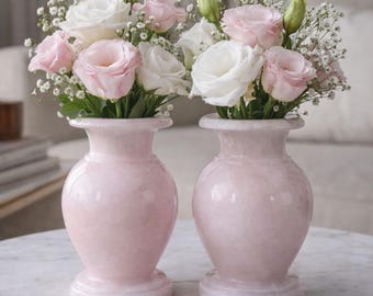 Conjunto de 2 vasos de ônix rosa esculpidos à mão | Decoração de luxo para casa em pedra natural