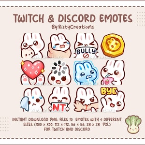 Könnte beinhalten: Eine Sammlung digitaler Emotes für Twitch und Discord mit einem weißen Hasen in verschiedenen Ausdrücken und Aktionen, darunter ein Herz, ein Getränk, weinende Gesichter und Schilder mit dem Text Bully, NT und Bye.