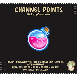 May include: A digital graphic featuring a cartoon potion bottle with a blue top and a pink liquid interior. The text "CHANNEL POINTS" is at the top, with "By: RistyCreations" below it. Additional text indicates this is an instant download for Twitch and Discord.