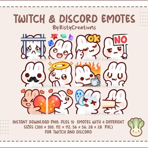 Pode incluir: Gráfico de download digital com 10 emotes de coelho branco com várias expressões para Twitch e Discord. Os emotes incluem choro, OK e um sinal de "NÃO". O texto "TWITCH & DISCORD EMOTES" e informações de tamanho estão incluídos.