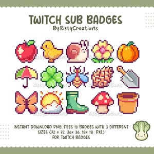 Op de afbeelding: Pixelachtige Twitch sub-badges met diverse iconen, waaronder een appel, eendje, slak, bloem, pompoen, paraplu, klaver, bij, hersenen, schop, vlinder, zonsopgang, laars, paddenstoel en pot. De tekst luidt "TWITCH SUB BADGES".