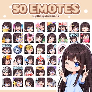 Op de afbeelding: Een digitale collectie van 50 emotes met een stripfiguur met lang donker haar en blauwe ogen in diverse uitdrukkingen en houdingen. De tekst 50 EMOTES By:RistyCreations staat bovenaan. De emotes bevatten iconen zoals een bom, geld en tekst.