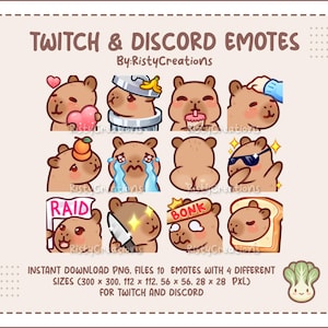 May include: A set of 10 Twitch and Discord emotes featuring cartoon capybaras in different poses. The emotes include a capybara with a chef's hat, holding a cake, and with a sign that says "RAID". Text reads "TWITCH & DISCORD EMOTES".