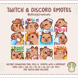 May include: A collection of Twitch and Discord emotes featuring cartoon capybaras in various expressions. The emotes include a capybara with a cowboy hat, holding a sign that says "NO U", and more. The text "TWITCH & DISCORD EMOTES" is at the top.