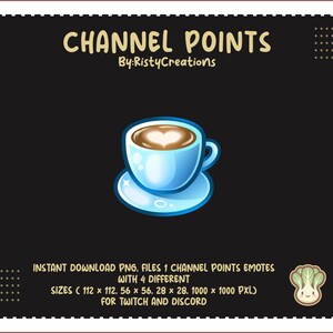Könnte beinhalten: Ein digitales Grafikdesign mit einer hellblauen Kaffeetasse mit herzförmigem Design im Schaum, auf einer passenden Untertasse. Der Text "CHANNEL POINTS" und "By: RistyCreations" stehen oben. Zusätzlicher Text enthält "INSTANT DOWNLOAD PNG" und Größenangaben.