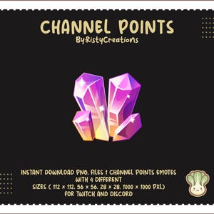 Könnte beinhalten: Digitaler Grafik-Download mit einer Ansammlung von stilisierten, juwelenartigen Kristallen in Lila und Gelb. Der Text "CHANNEL POINTS" und "By: RistyCreations" sind oben zu sehen. Zusätzlicher Text weist auf das Produkt für Twitch und Discord hin.