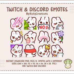 Pode incluir: Um conjunto de emotes do Twitch e Discord com um coelho branco com várias expressões. Os emotes incluem o coelho com olhos de laser, espreitando por trás das folhas, dizendo "NO U", segurando uma caneca, e mais. O texto diz "TWITCH & DISCORD EMOTES".
