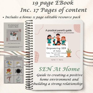 May include: A spiral-bound eBook titled "Empowering SEN at Home" with a cover featuring illustrations of children and text. The eBook includes 17 pages of content, a bonus resource pack, and practical resource sheets. The guide focuses on creating a positive home environment.