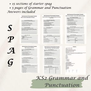 Puede incluir: Hojas de ejercicios de gramática y puntuación KS2. Las hojas incluyen ejercicios sobre comas, apóstrofes, tipos de oraciones y partes de la oración. El texto "KS2 Grammar and Punctuation" es visible en la parte inferior.