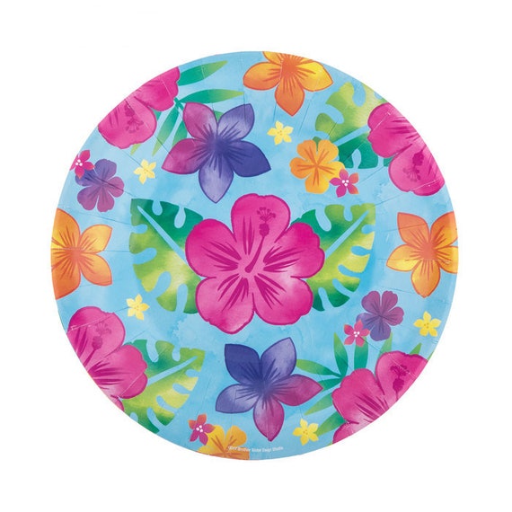 Luau Floral Tropical Blue Hawaiian Hibiscus Beach Pool Party 7/" Dessert Plates