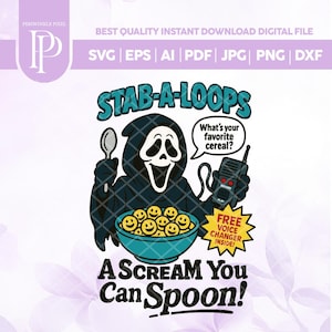 Könnte beinhalten: Digitalgrafik mit dem Ghostface-Killer aus Scream, der einen Löffel und ein Walkie-Talkie hält. Eine Schüssel mit Müsli ist vorhanden. Der Text enthält "STAB-A-LOOPS" und "A SCREAM You Can Spoon!"
