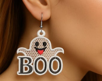 Pendientes FSL - Diseño de bordado a máquina - Pendientes de encaje Boo Ghost - 3 tamaños - Formato PES y otros - Descarga instantánea
