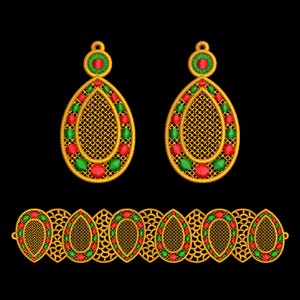 May include: Gold-colored embroidered jewelry set featuring a pair of teardrop earrings and a matching bracelet. The earrings and bracelet are adorned with red and green accents, set against a black background.